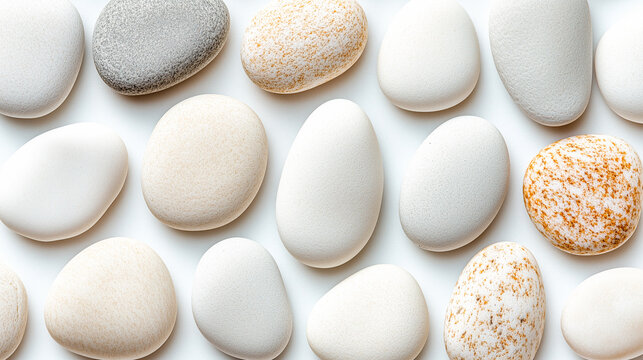 Collection of Smooth, Pale-Colored Stones on White Background