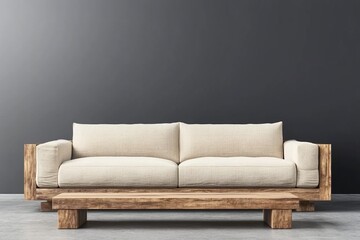 Modern wooden sofa with linen cushions and low wooden coffee table against a dark gray wall.