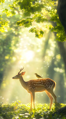 Fototapeta premium Symbiotic Harmony: Bird and Deer in Serene Natural Setting, Highlighting Mutualism and Coexistence in Nature's Balance