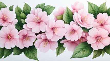 Fototapeta premium Beautiful Pink Flowers with Green Leaves on a Light Background for Decorative and Botanical Use