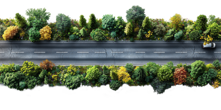 Asphalt road with cracked surface, surrounded by dense green and yellow trees, top view, black background, ideal for landscape visualization