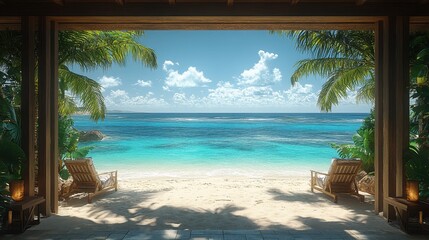 Scenic view of a tropical beach with lounge chairs and palm trees.
