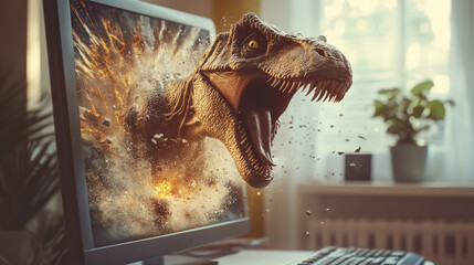 A Dinosaur breaking out of computer screen at home, creating explosive scene