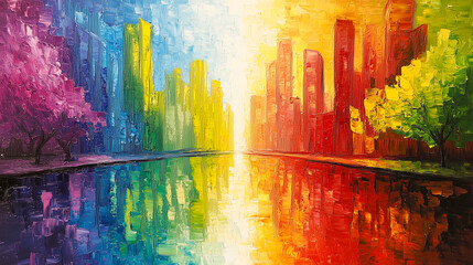 Fototapeta premium Oil Painting of Cityscape Reflected in Water