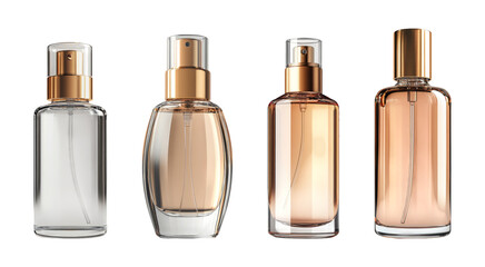Naklejka premium Four elegant perfume bottles isolated on a transparent background showcasing various designs and colors