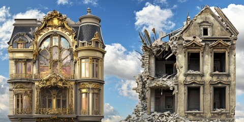 Fototapeta na wymiar Opulent building vs. ruined house, urban decay contrast, cityscape backdrop, architectural comparison