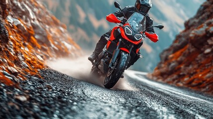 Motorcycle rider navigating a rugged mountain road on a bright red bike during a scenic adventure in nature