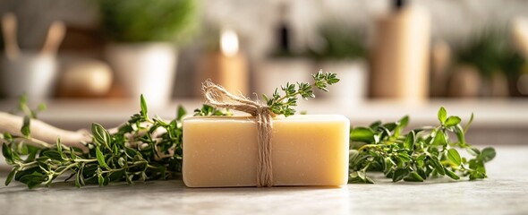 Herbal soap bar tied with twine, surrounded by fresh thyme sprigs on a countertop.