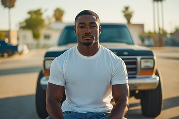 Fototapeta premium Portrait of a Man in White T-Shirt in Front of a Truck