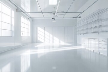 Obraz premium Sunlit empty white room with shiny floor, windows, ceiling fan, and storage.
