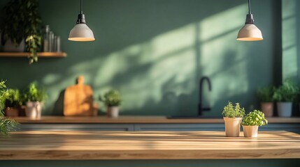 Sunlit kitchen counter with plants and hanging lights.