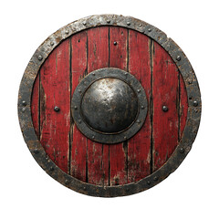 Naklejka premium Rustic Medieval Shield with Red Wood and Dark Metal Centerpiece