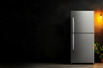 Stainless Steel Refrigerator in Dark Room Setting