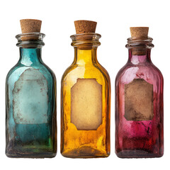 Colorful Vintage Glass Bottles with Corks and Blank Labels