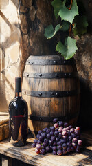 Still Life: Wine Barrel, Red Wine Bottle, and Grapes