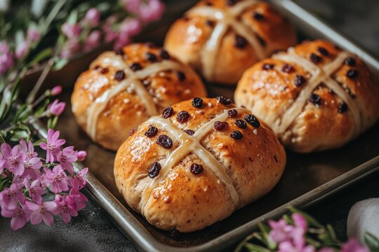 Delicious Freshly Baked Hot Cross Buns on a Crisp Baking Tray - Tempting Easter Treats Straight from the Oven - Powered by Adobe