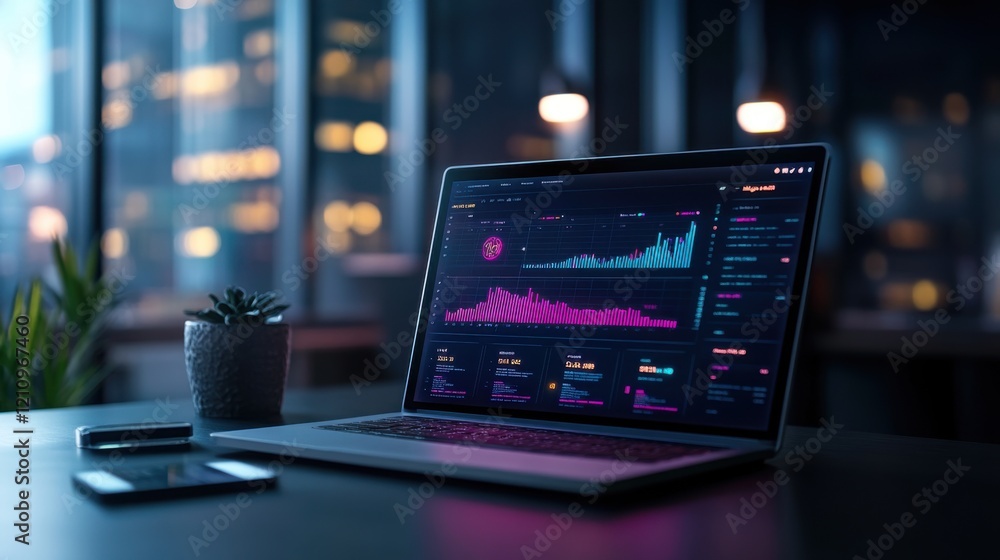 Poster modern laptop displaying colorful data visualization in a dark office environment at night time