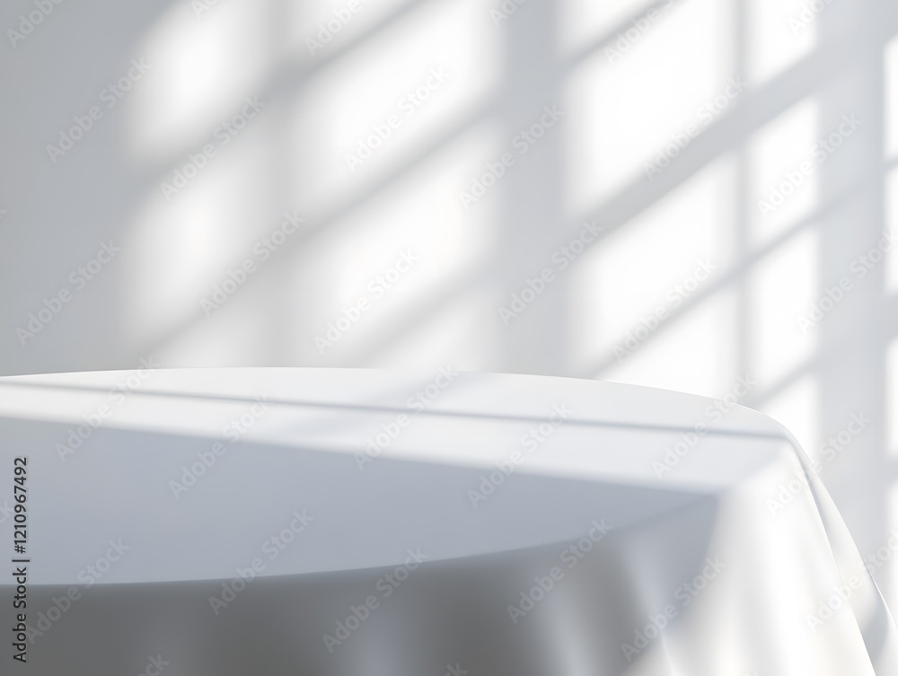 Poster white tablecloth on round table with window light shadows