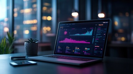 Modern Laptop Displaying Colorful Data Visualization in a Dark Office Environment at Night Time