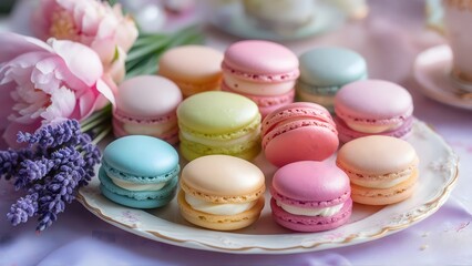 Colorful French Macarons on a Decorative Plate with Flowers