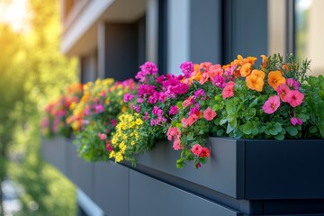 Fototapeta premium Urban Oasis: Vibrant Green Plants and Colorful Outdoor Furniture on Modern Garden Balconies