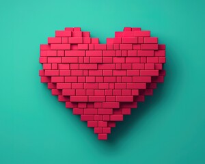 A vibrant, 3D heart made of red bricks against a teal background, symbolizing love and creativity in a playful design.