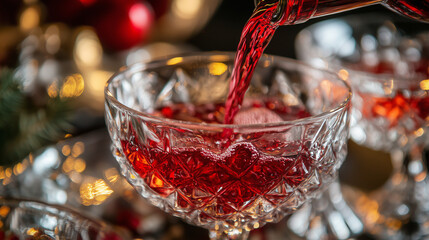 Red wine elegantly poured into a crystal glass, droplets glistening, embodying luxury and refined taste