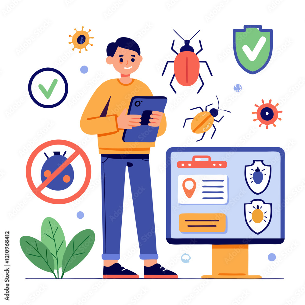 Poster a software tester analyzes various platforms using a tablet, surrounded by icons indicating bugs, ch