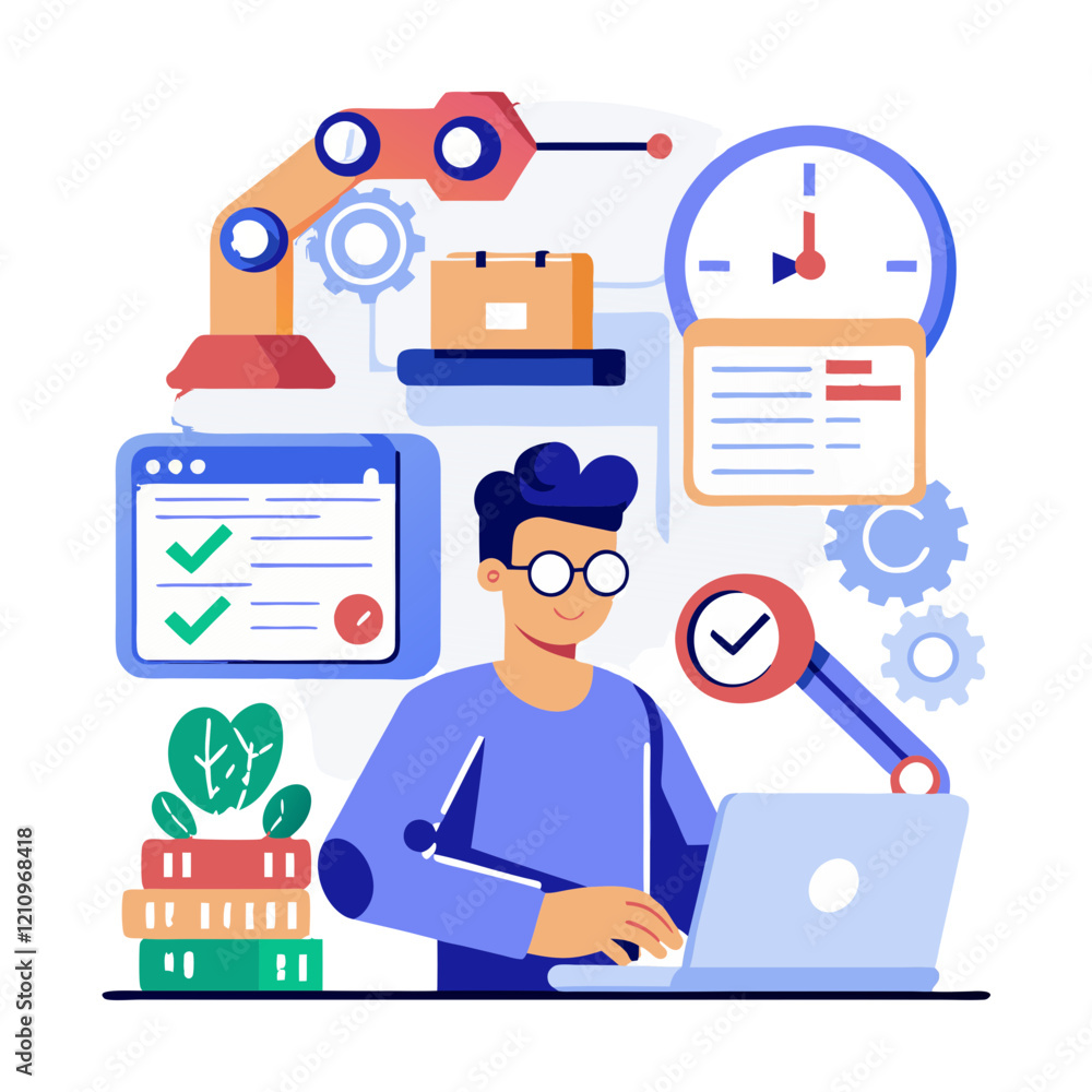 Poster a person is working at a computer, focusing on automating repetitive tasks using software testing to