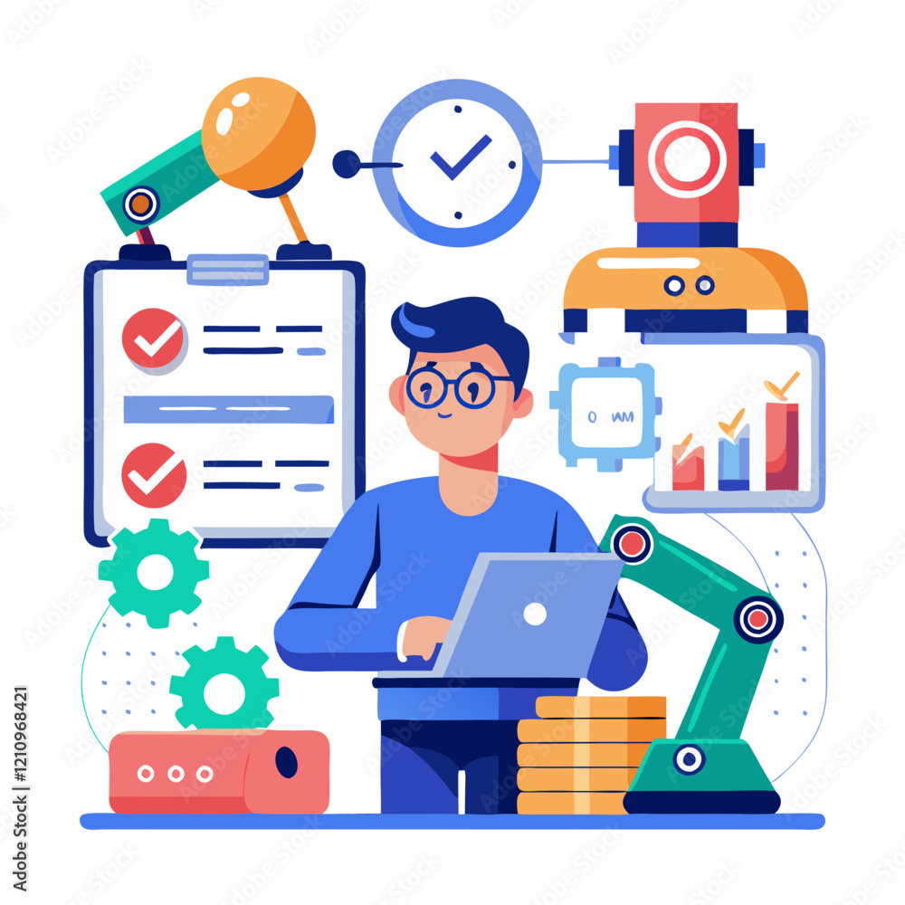Aufkleber a tech-savvy tester works on a laptop, automating tasks, surrounded by robotic arms, clocks, and cha