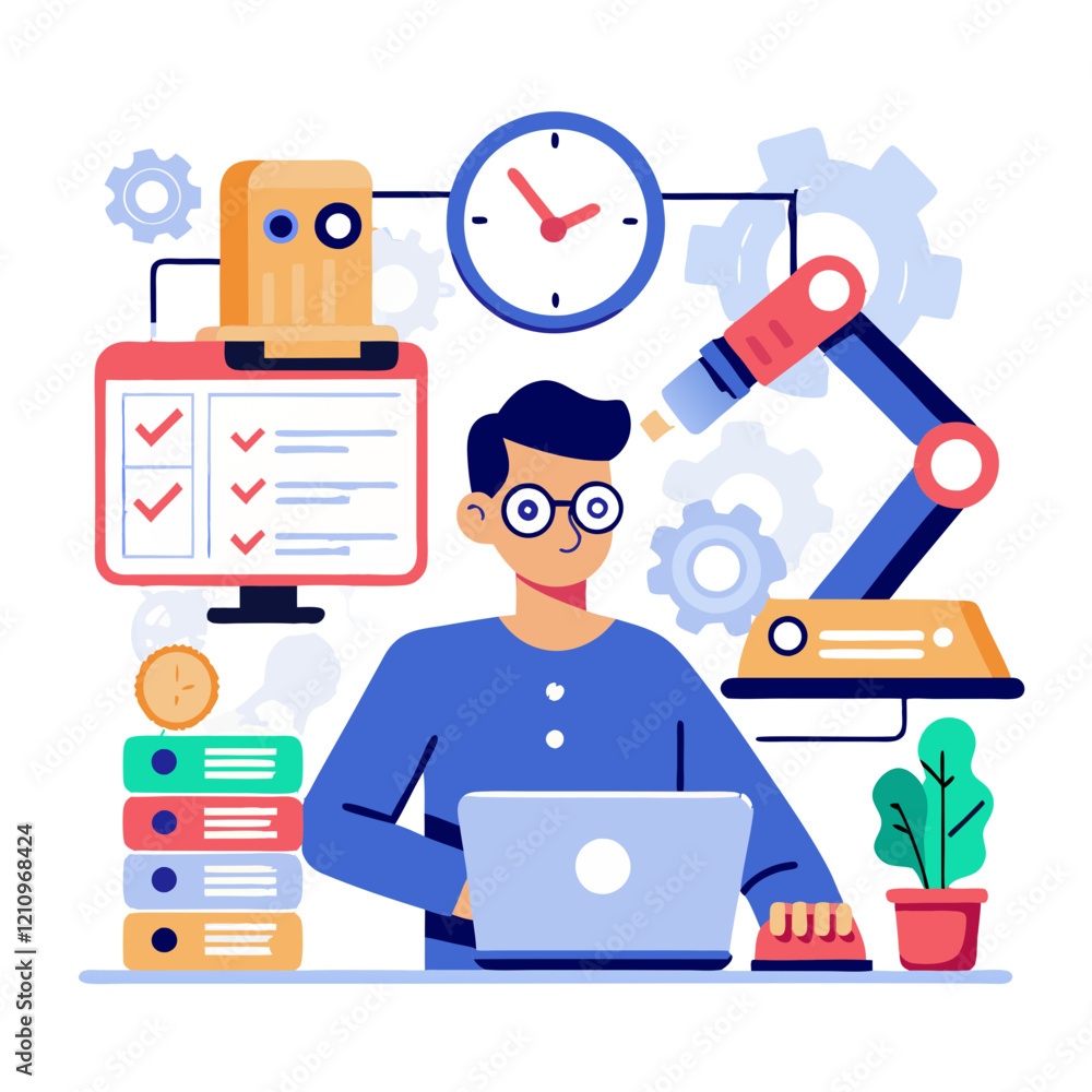 Poster a person works diligently at a laptop in a modern workspace, utilizing automation tools to streamlin