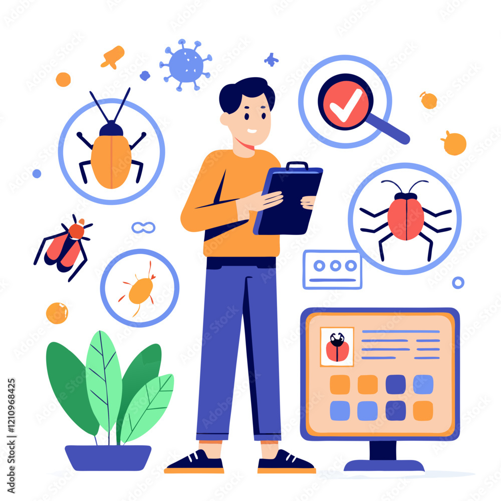 Poster a quality assurance tester inspects multiple digital platforms for bugs while referencing a clipboar