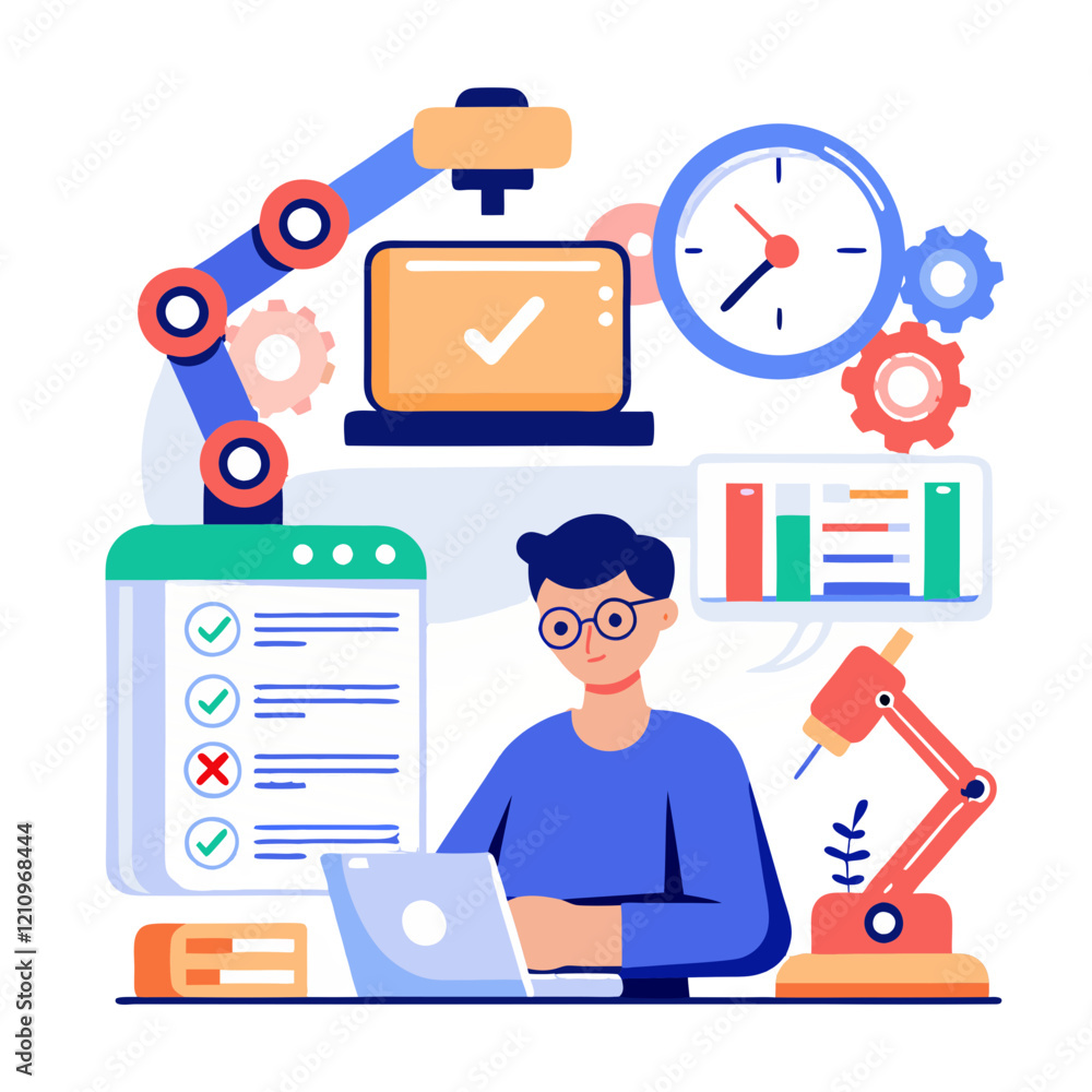 Poster a software tester works on a laptop, utilizing automation tools to streamline repetitive tasks. vari