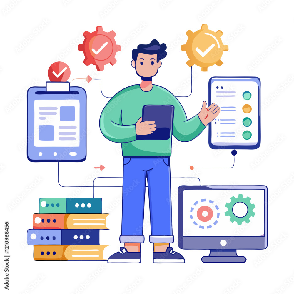 Poster in a vibrant digital workspace, a tester examines compatibility issues by interacting with various d