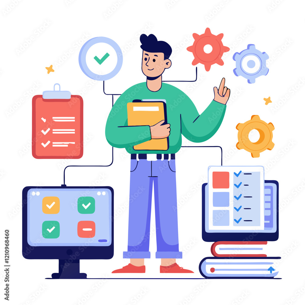 Poster a tester is performing compatibility testing in an office setting surrounded by various tools. the t