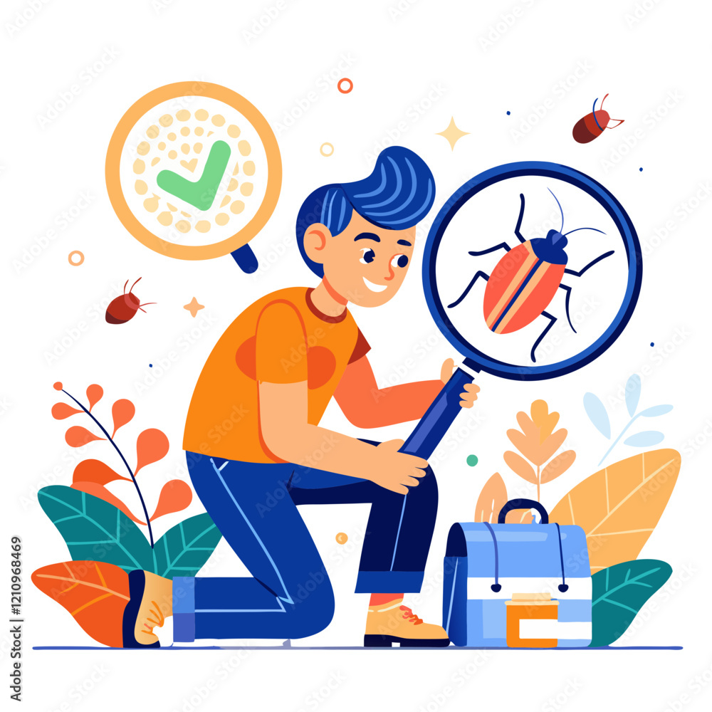 Poster a software tester crouches to examine a bug using a magnifying glass, surrounded by colorful leaves 