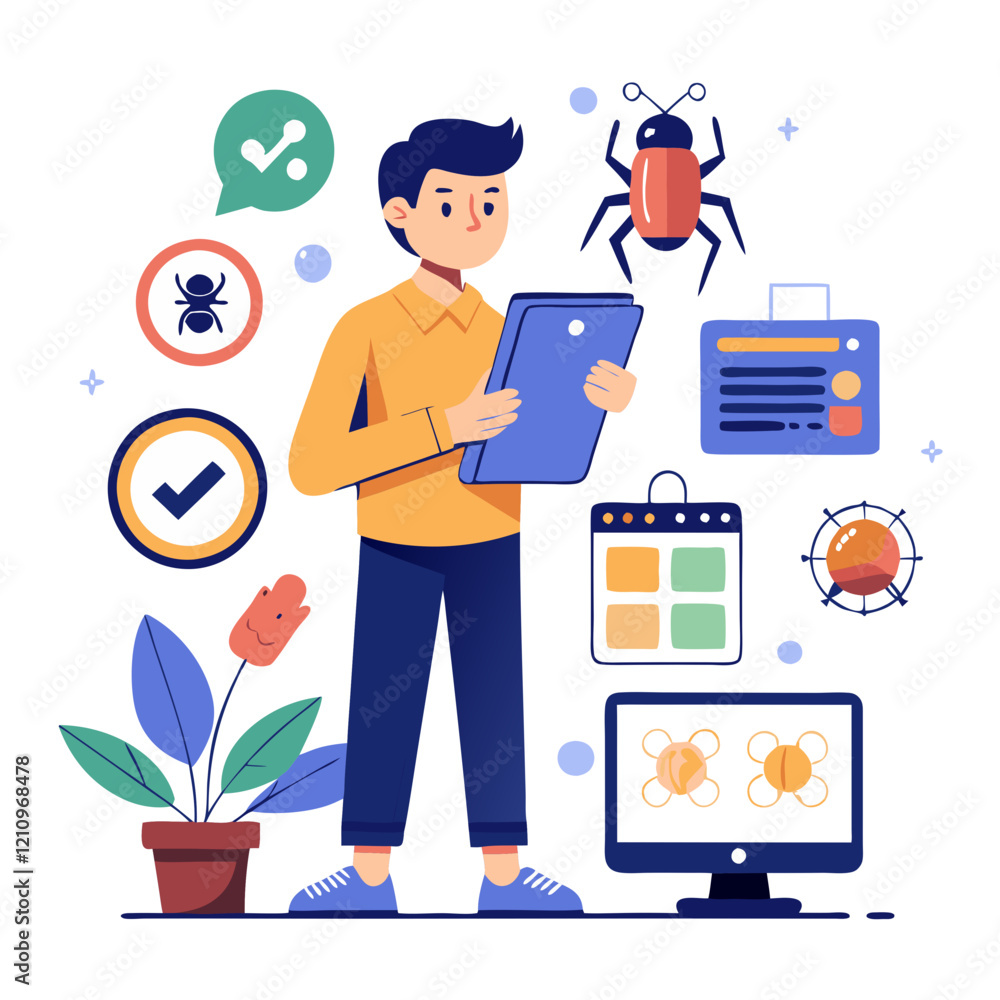 Poster a software tester examines platforms for bugs using a tablet. various icons related to testing and b