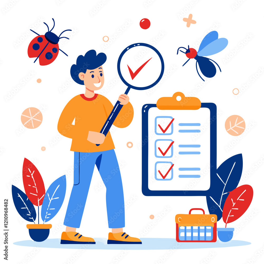 Poster a tester observes bugs in a codebase with a magnifying glass, checking off items on a clipboard in a