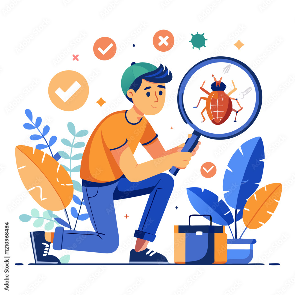 Poster a software tester analyzes code while searching for hidden bugs in a vibrant workspace filled with p