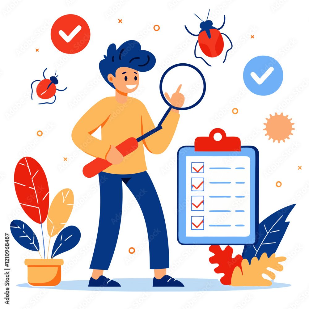 Poster a software tester uses a magnifying glass to find bugs in a codebase, marking tasks on a checklist i