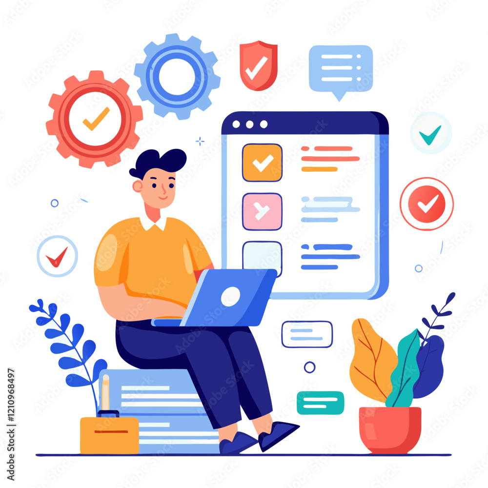 Poster a software tester analyzes code and reports using a laptop in a digital workspace. various icons and