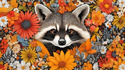Raccoon in Autumn Flowers
