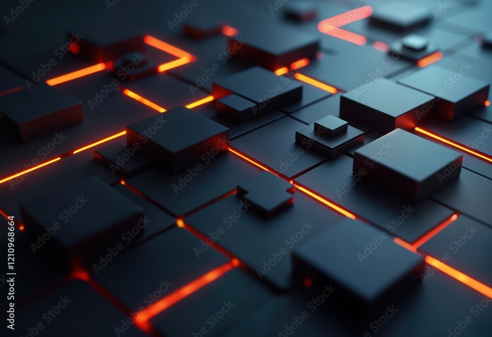 Poster abstract geometric design. dark background with glowing orange lines. squares, shapes arranged in pa