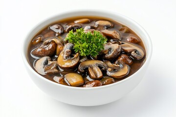 Bowl of delicious sauteed mushrooms in a rich brown sauce, garnished with fresh parsley.
