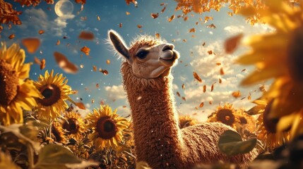 Alpaca in Sunflower Field