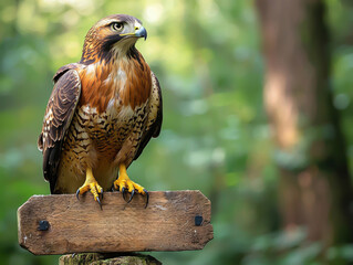 Majestic Hawk Perched on Wooden Signpost in Forest