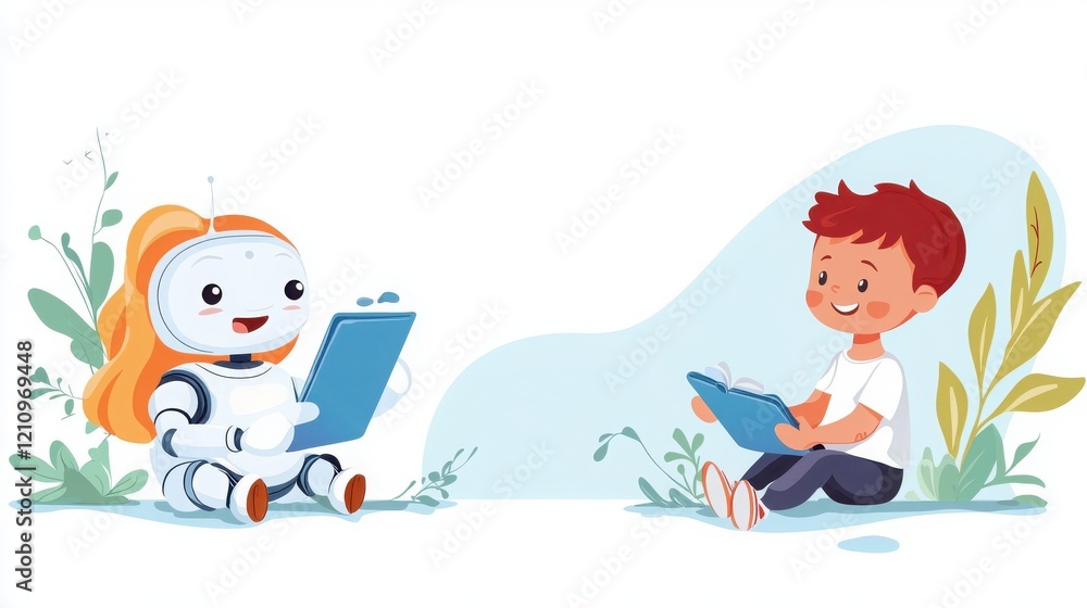 Aufkleber children engaging with a friendly robot in an online learning hub home digital illustration playful 