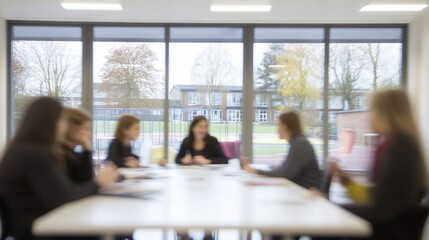 Blurred image of women in a meeting around a table in a modern office, overlooking a schoolyard.