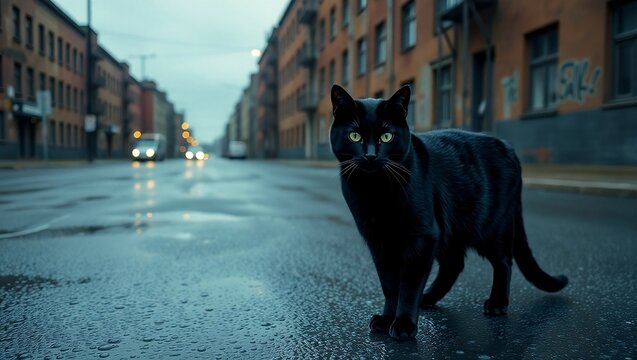A Cat Caught in Light Rain with Wet Fur and a Quiet, Somber Street Scene