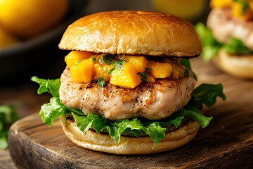 Gourmet chicken burger with mango on a wooden board